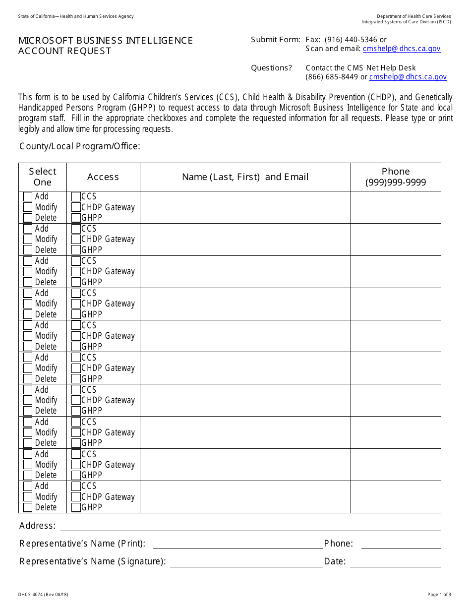 Form DHCS4074 Microsoft Business Intelligence Account Request - California, Page 1
