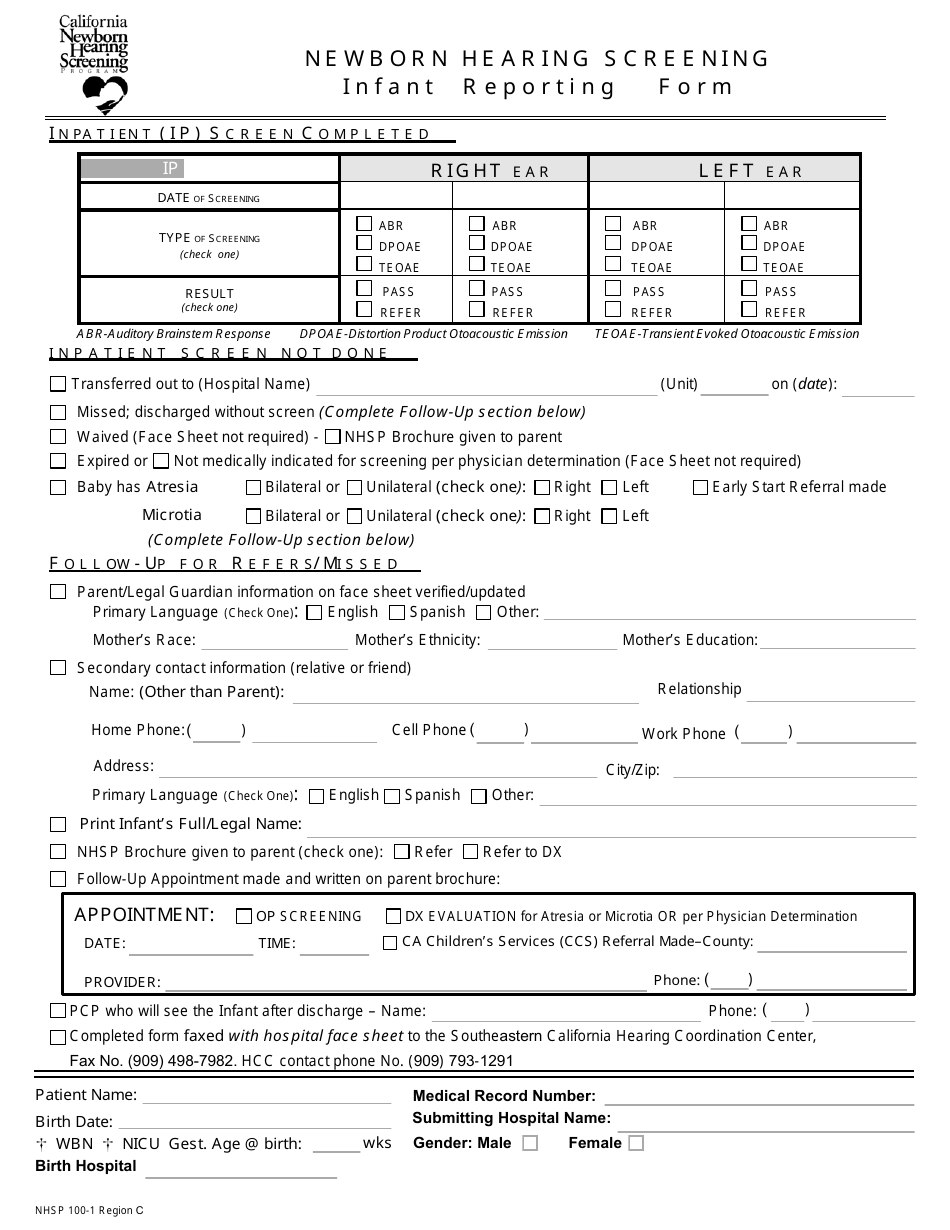 Form NHSP100-1 Infant Reporting Form - Region C - California, Page 1