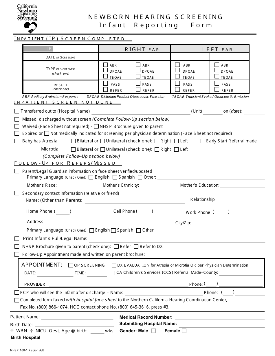 Form NHSP100-1 Infant Reporting Form - Region a/B - California, Page 1