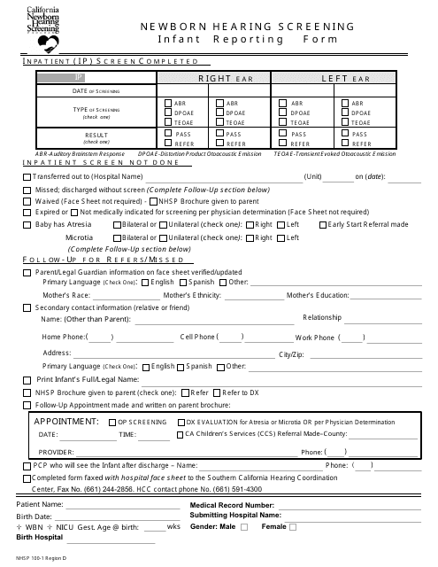 Form NHSP100-1  Printable Pdf