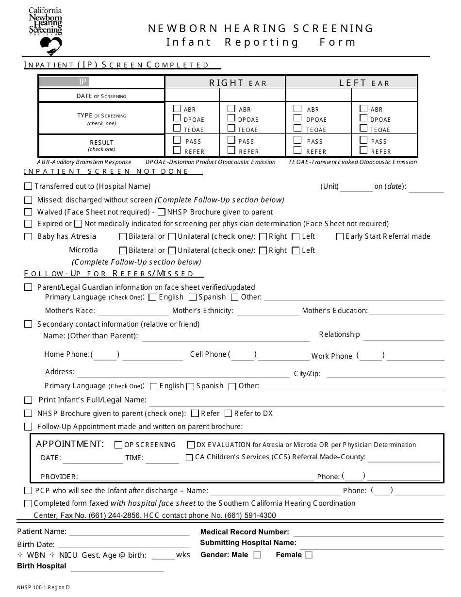 Form NHSP100-1 Infant Reporting Form - Region D - California, Page 1