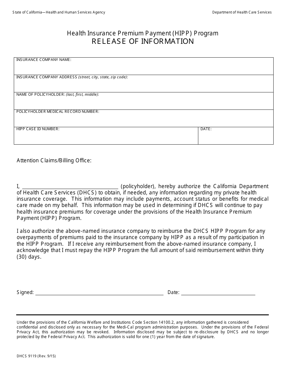 Form DHCS9119 Health Insurance Premium Payment (HIPP) Program Release of Information - California, Page 1