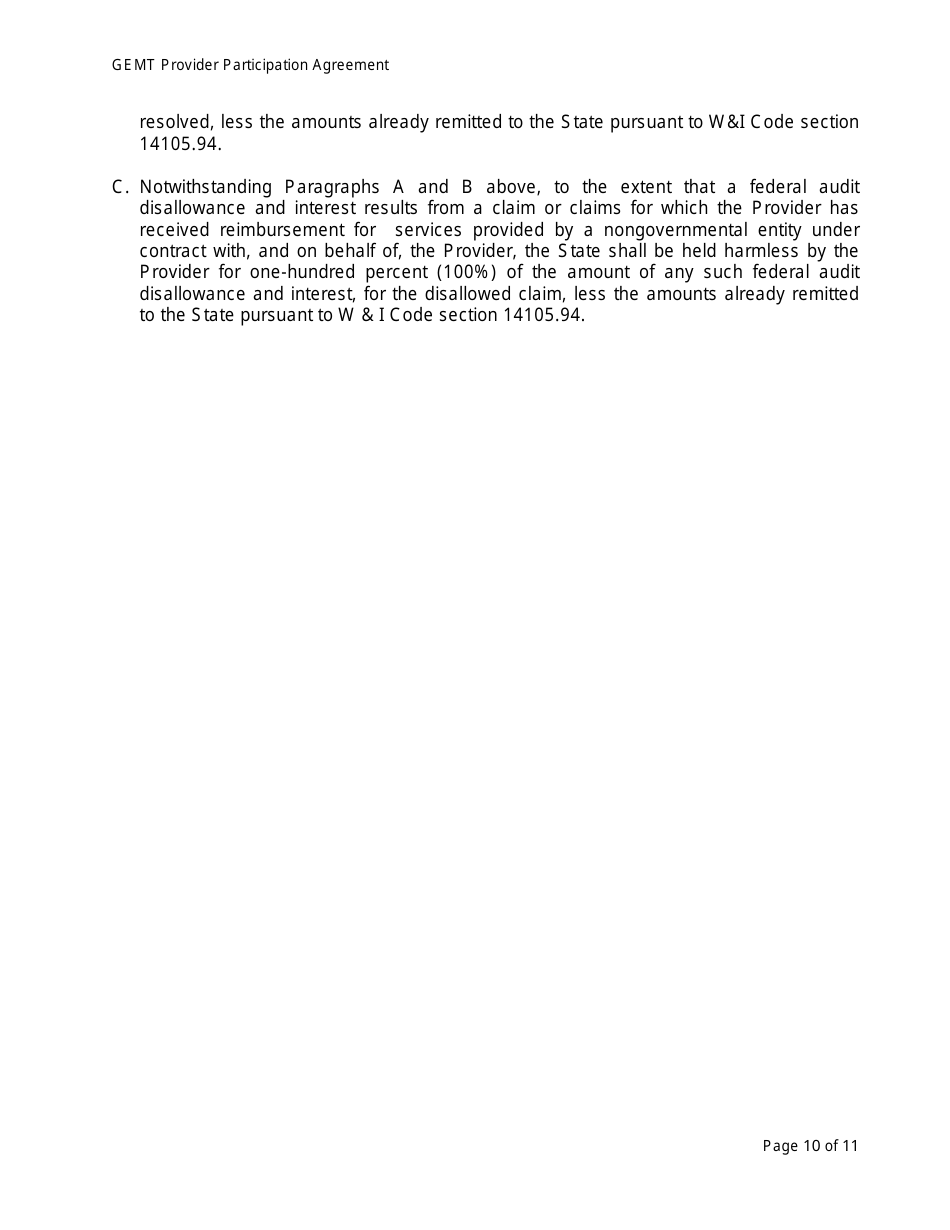 Medi-Cal Ground Emergency Medical Transportation Services (Gemt) Supplemental Reimbursement Program Provider Participation Agreement Form - California, Page 10
