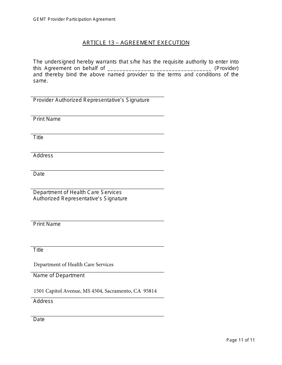 Medi-Cal Ground Emergency Medical Transportation Services (Gemt) Supplemental Reimbursement Program Provider Participation Agreement Form - California, Page 11