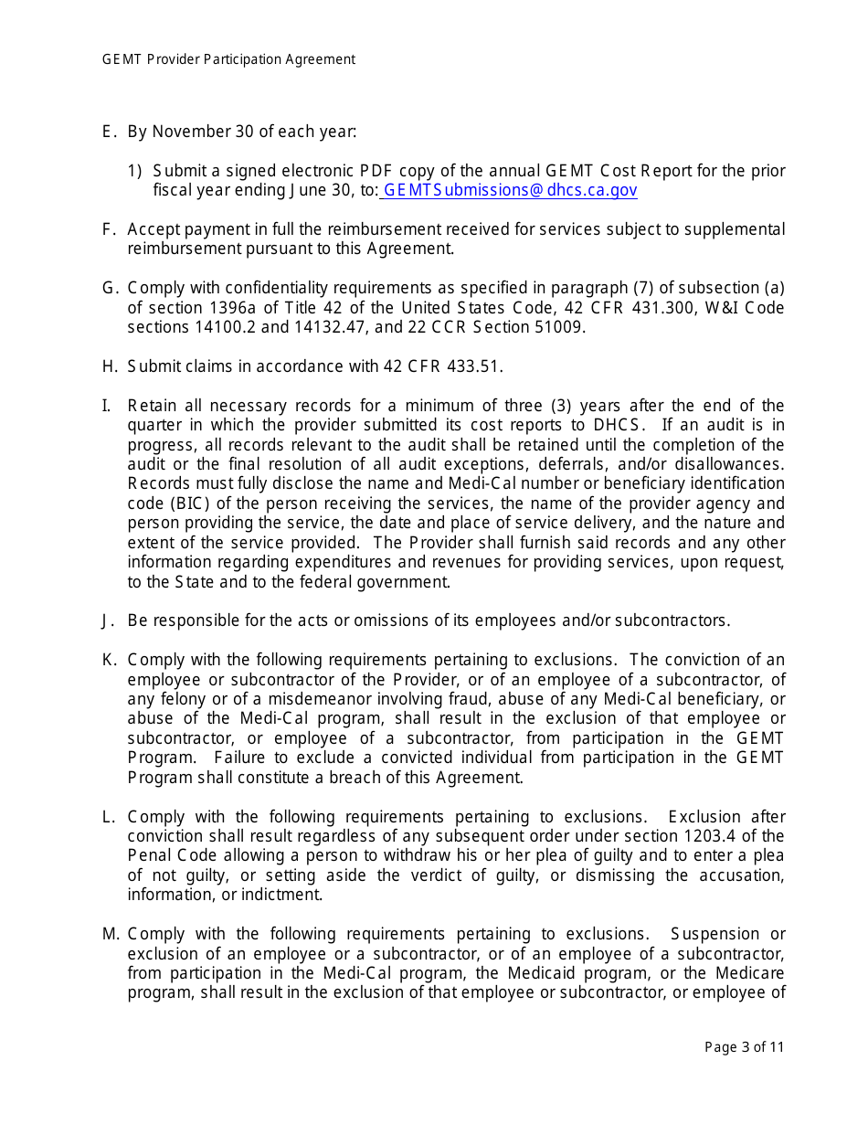Medi-Cal Ground Emergency Medical Transportation Services (Gemt) Supplemental Reimbursement Program Provider Participation Agreement Form - California, Page 3