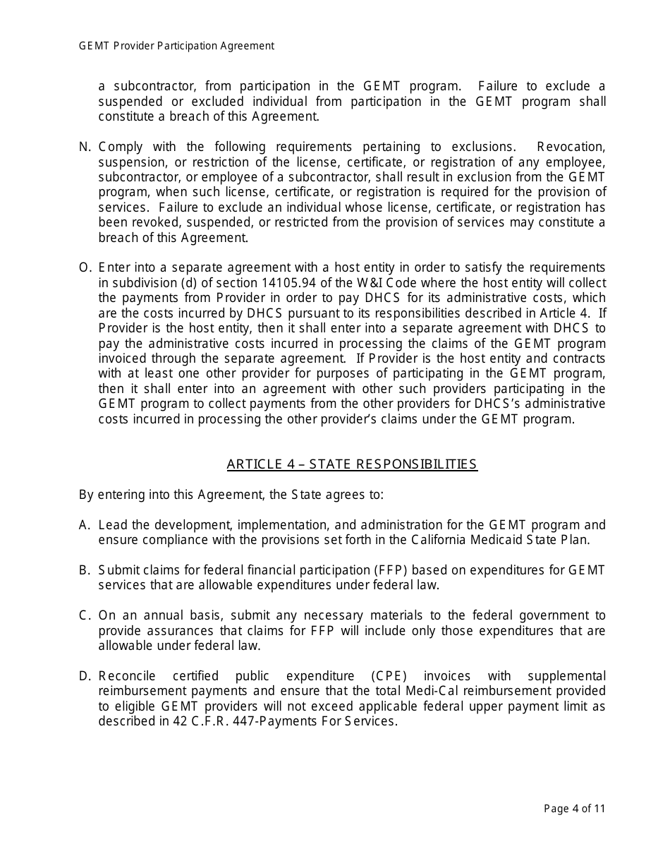 Medi-Cal Ground Emergency Medical Transportation Services (Gemt) Supplemental Reimbursement Program Provider Participation Agreement Form - California, Page 4