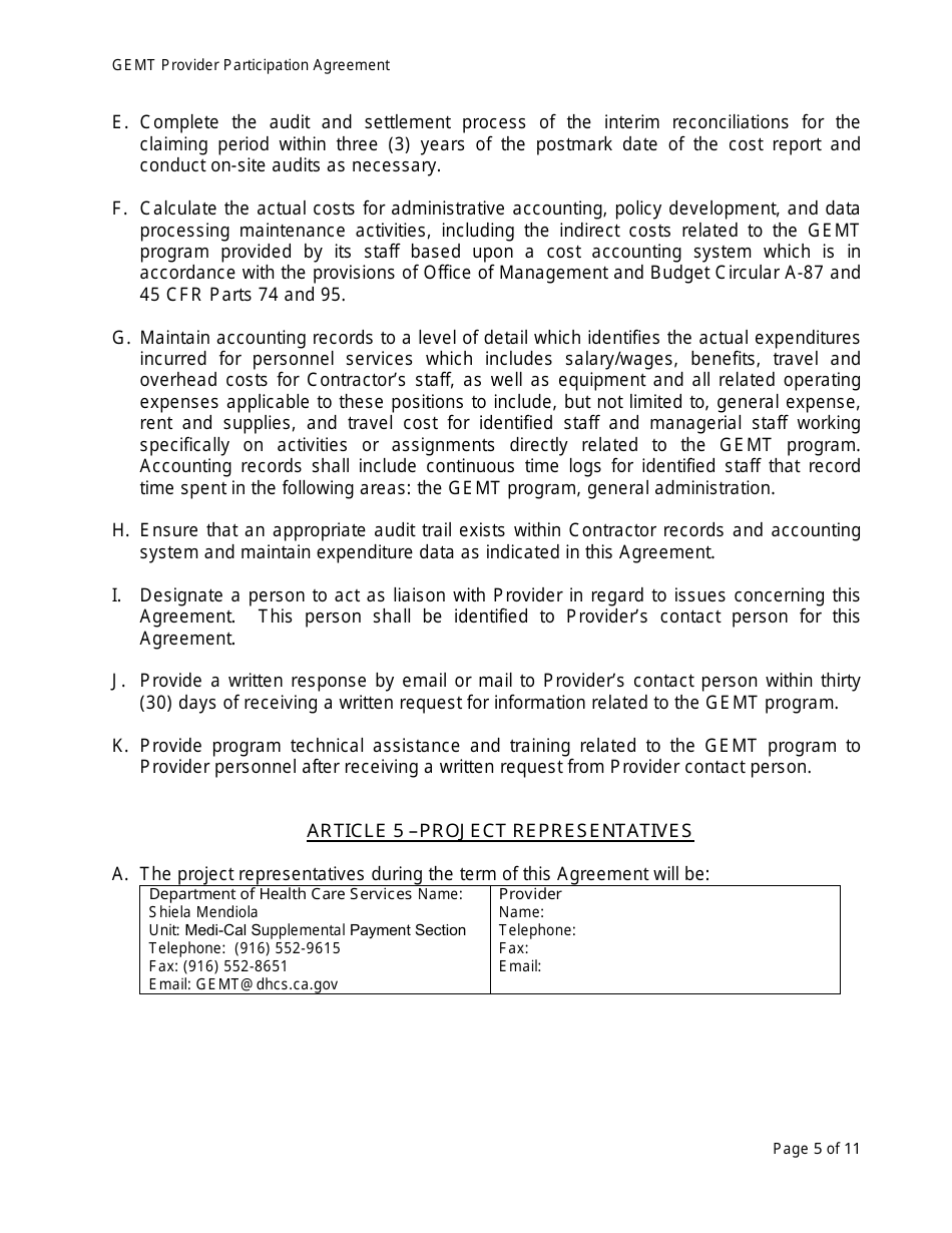Medi-Cal Ground Emergency Medical Transportation Services (Gemt) Supplemental Reimbursement Program Provider Participation Agreement Form - California, Page 5