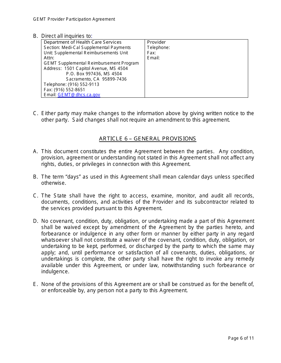 Medi-Cal Ground Emergency Medical Transportation Services (Gemt) Supplemental Reimbursement Program Provider Participation Agreement Form - California, Page 6