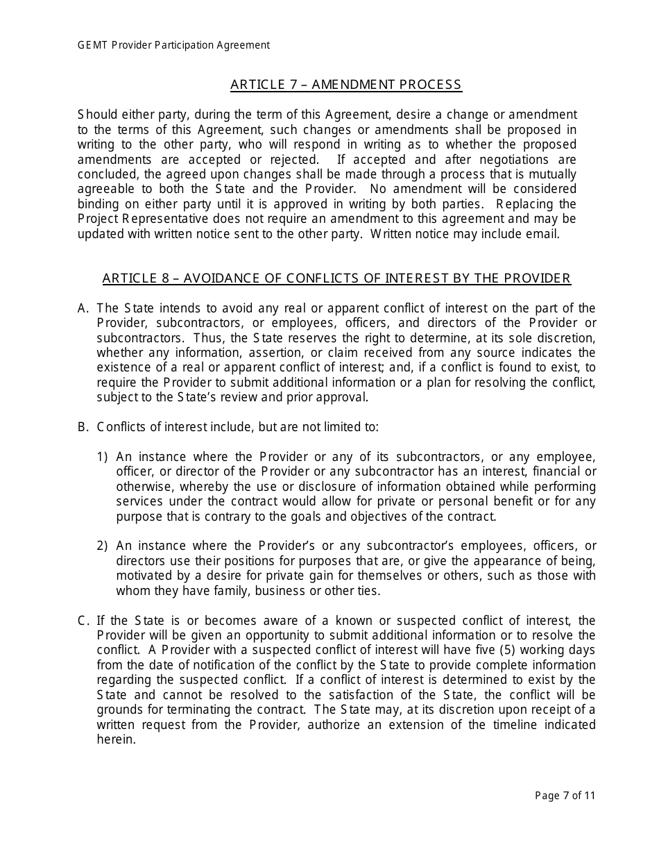 Medi-Cal Ground Emergency Medical Transportation Services (Gemt) Supplemental Reimbursement Program Provider Participation Agreement Form - California, Page 7