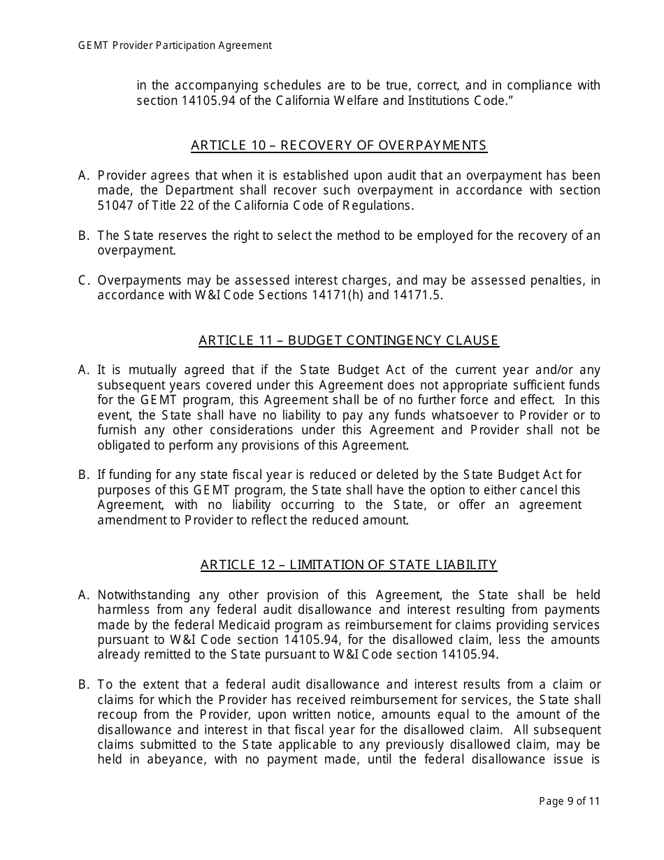 Medi-Cal Ground Emergency Medical Transportation Services (Gemt) Supplemental Reimbursement Program Provider Participation Agreement Form - California, Page 9