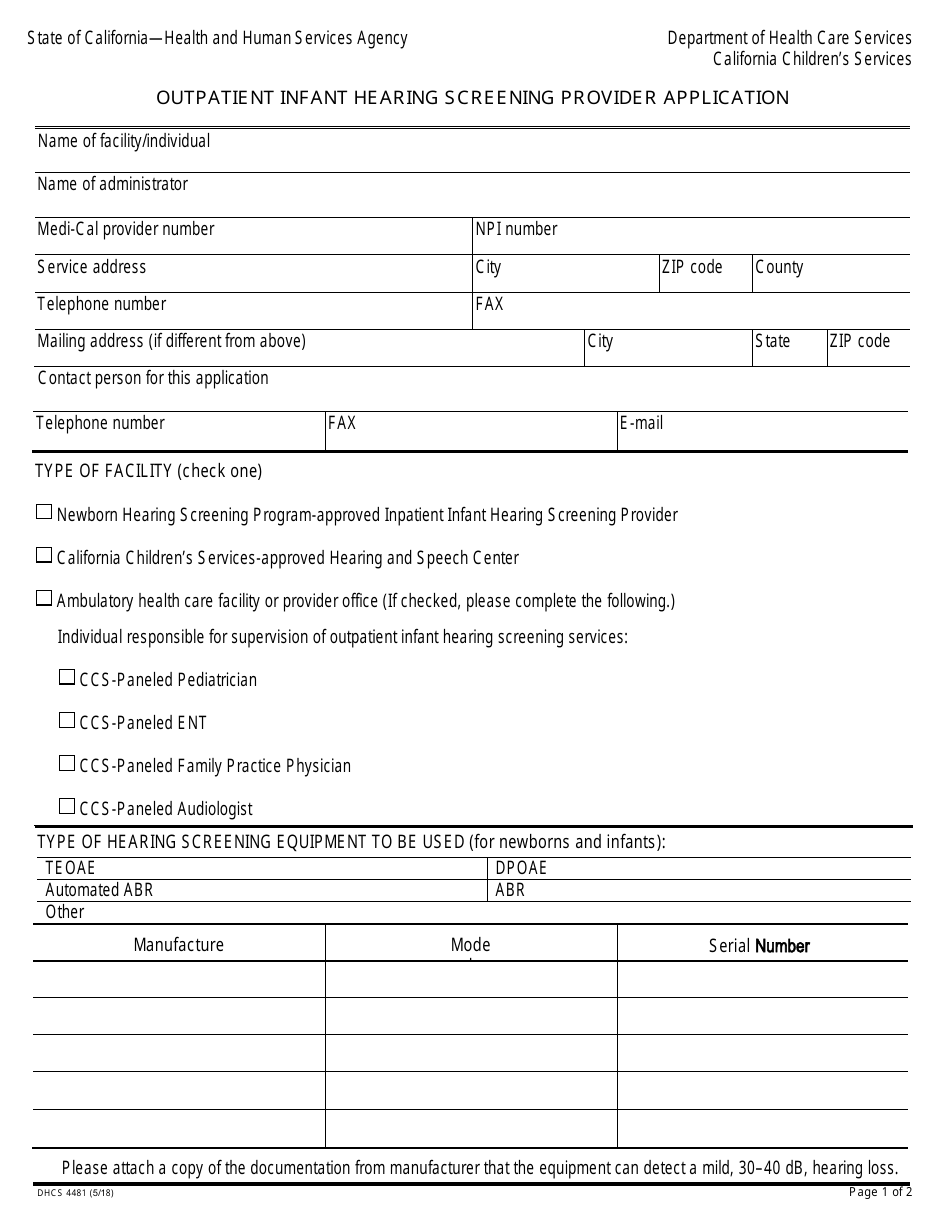Form DHCS4481 Outpatient Infant Hearing Screening Provider Application - California, Page 1