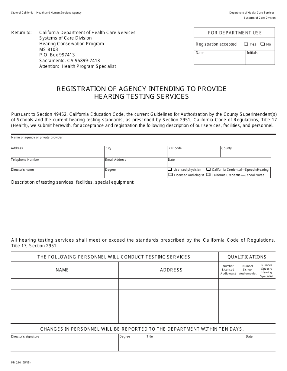 Form PM210 Registration of Agency Intending to Provide Hearing Testing Services - California, Page 1