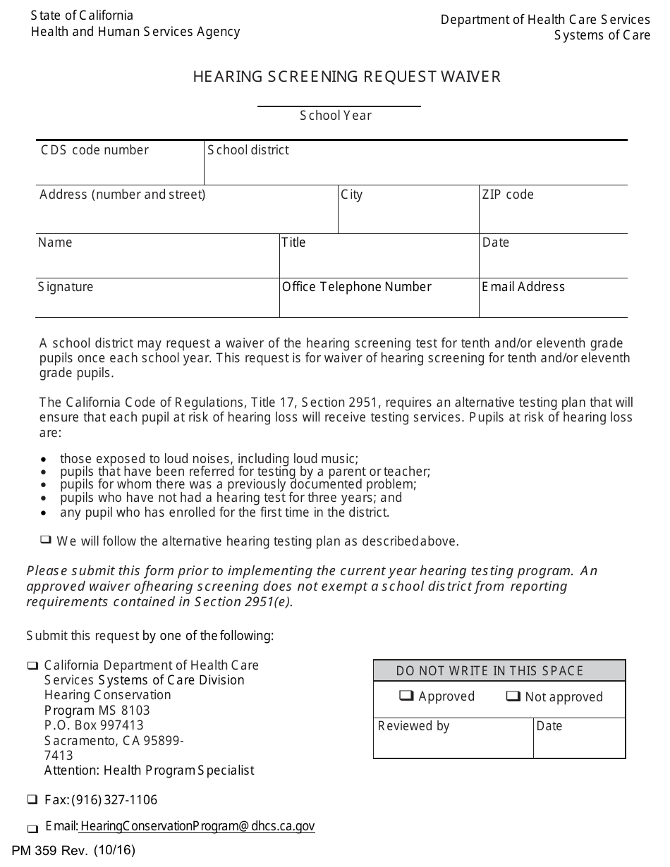 Form PM359 Hearing Screening Request Waiver - California, Page 1