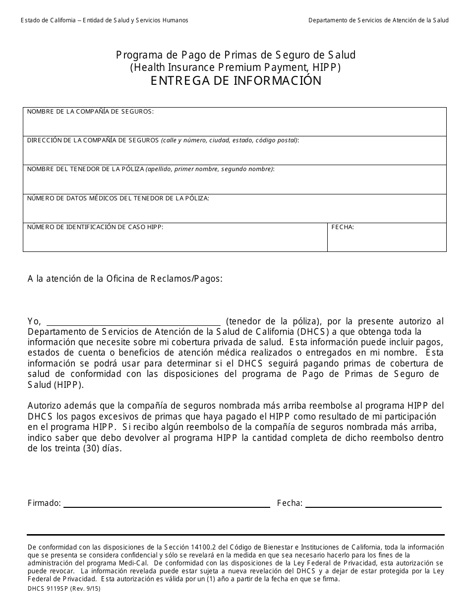 Formulario DHCS9119SP Programa De Pago De Primas De Seguro De Salud - California (Spanish), Page 1