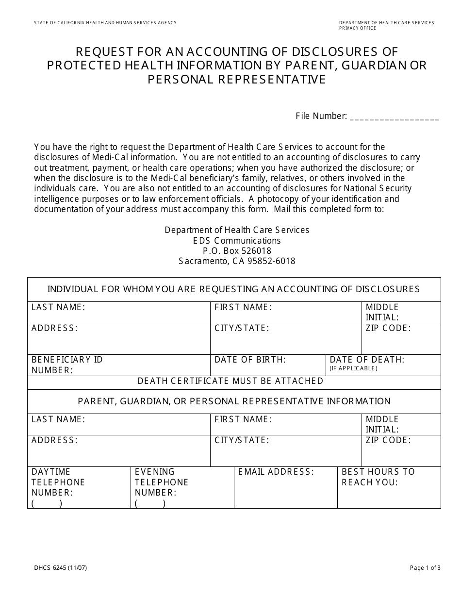 Form DHCS6245 Request for an Accounting of Disclosures of Protected Health Information by Parent, Guardian or Personal Representative - California, Page 1
