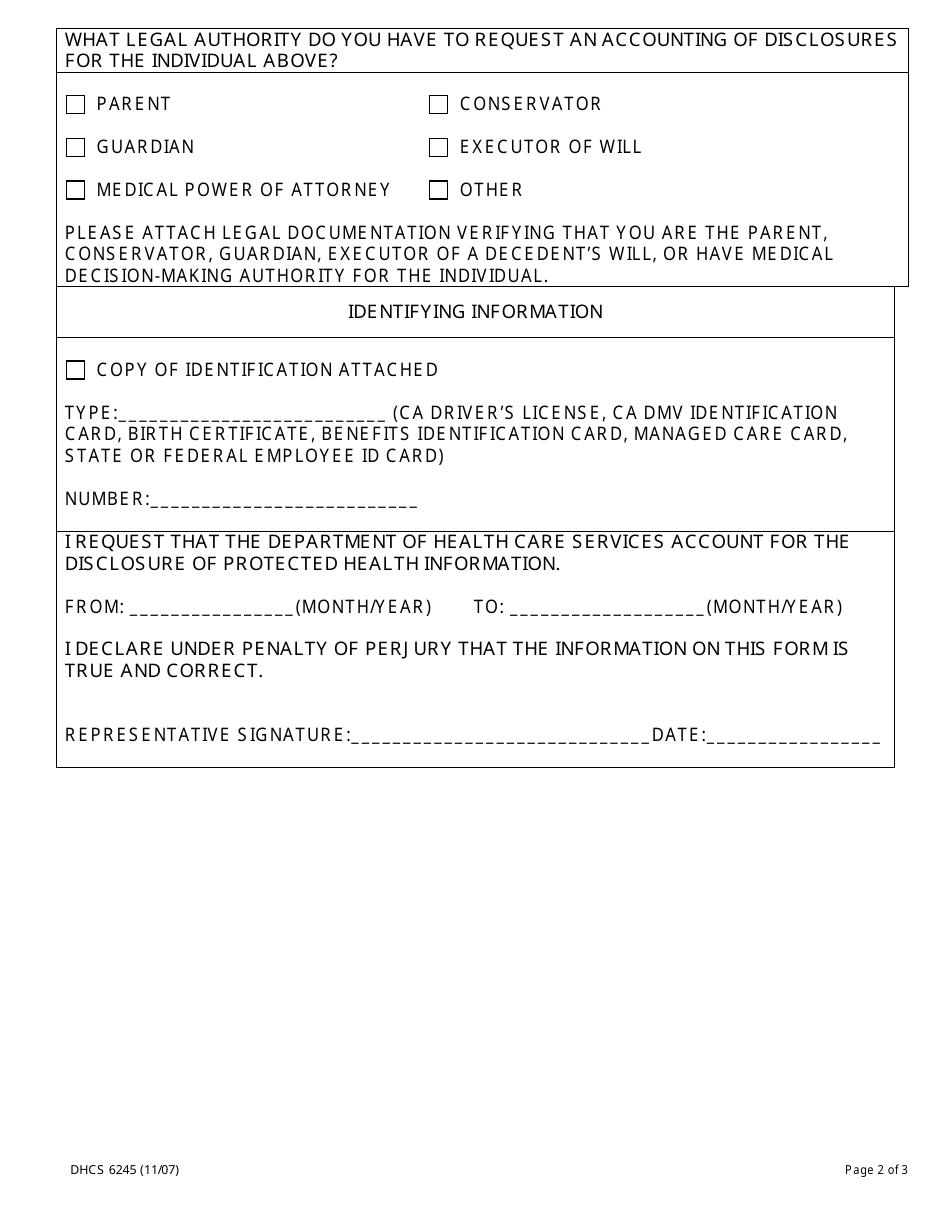 Form DHCS6245 Request for an Accounting of Disclosures of Protected Health Information by Parent, Guardian or Personal Representative - California, Page 2
