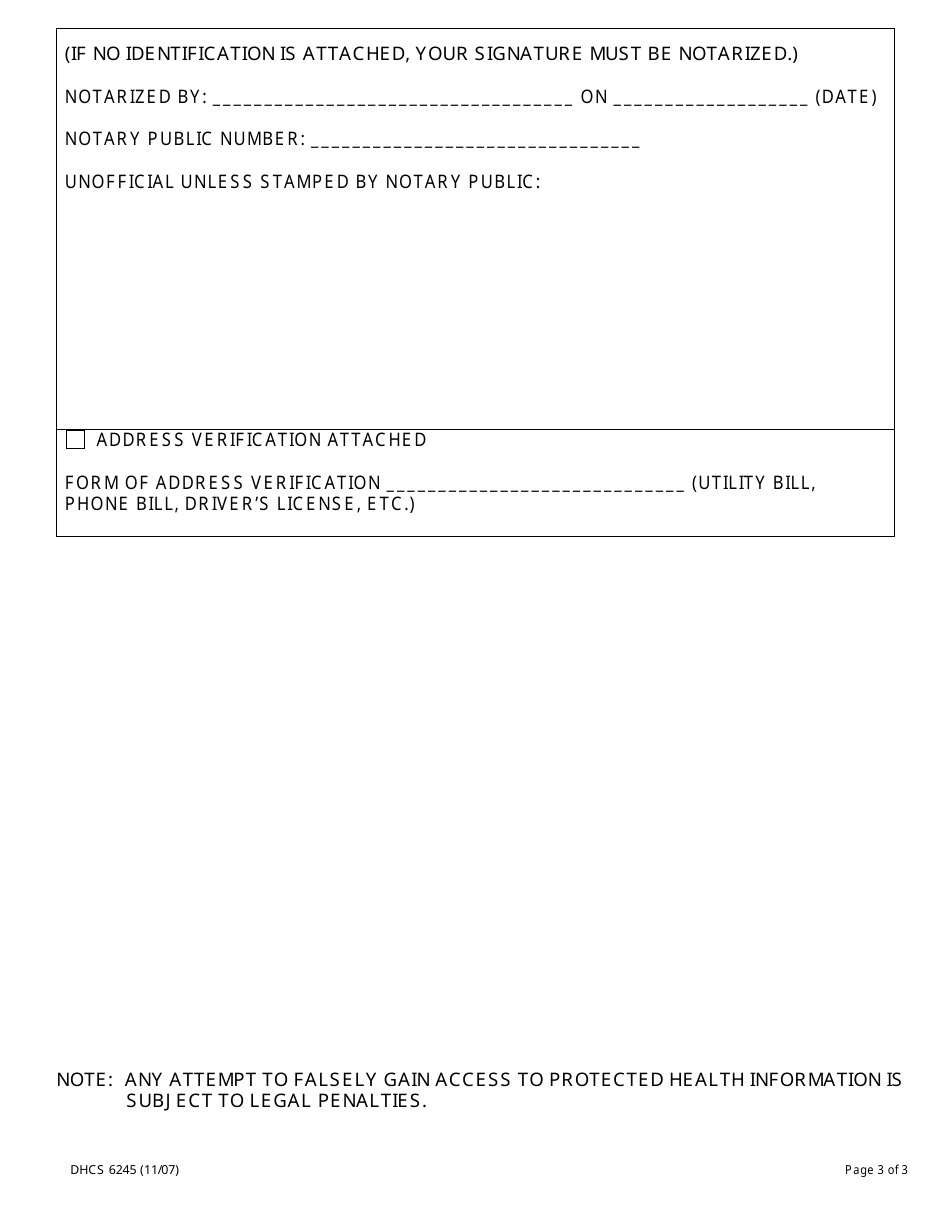 Form DHCS6245 Request for an Accounting of Disclosures of Protected Health Information by Parent, Guardian or Personal Representative - California, Page 3