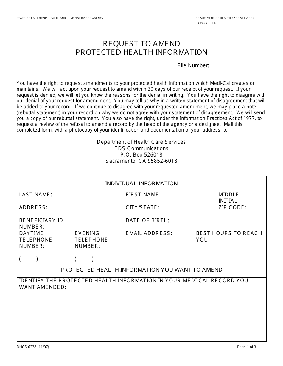 Form DHCS6238 Request to Amend Protected Health Information - California, Page 1