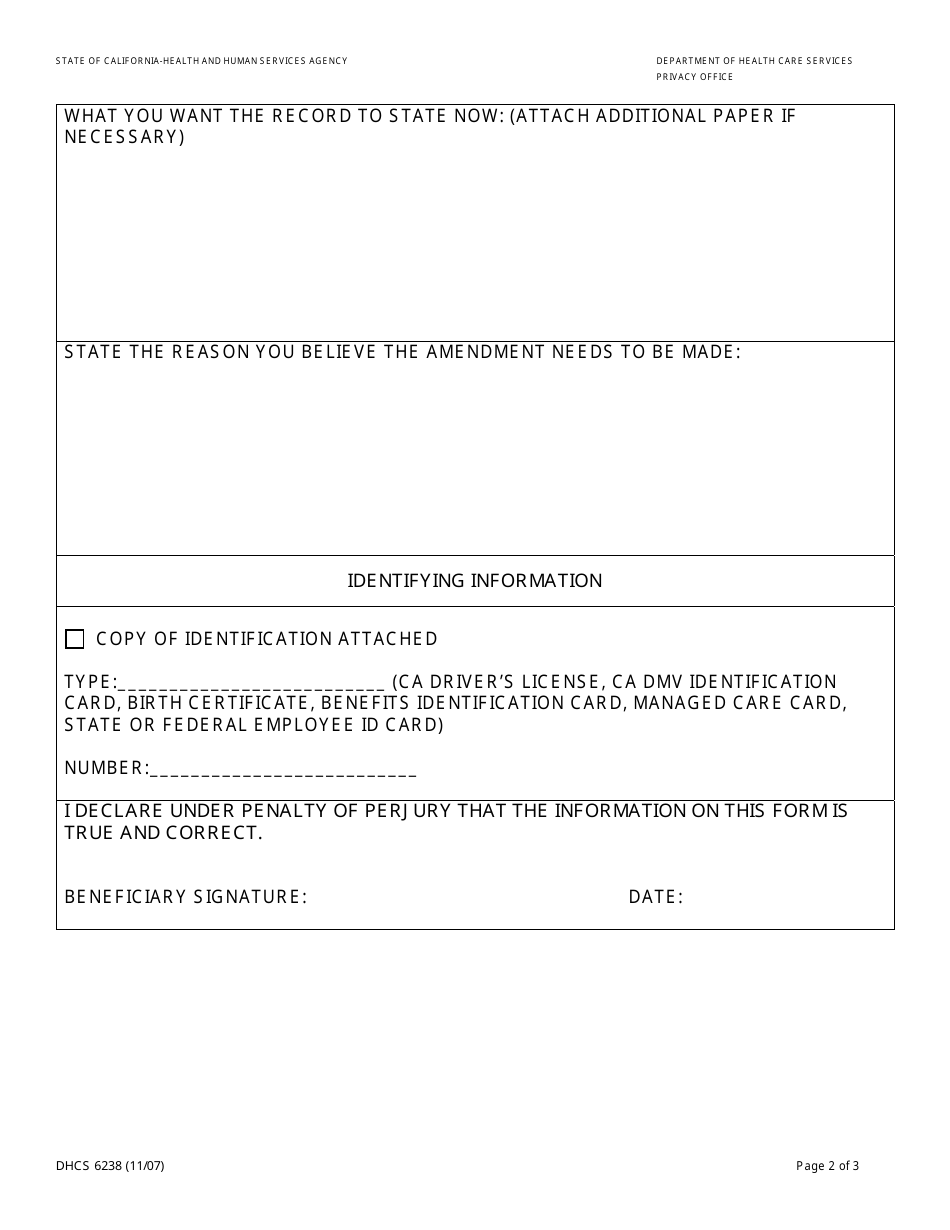 Form DHCS6238 Request to Amend Protected Health Information - California, Page 2