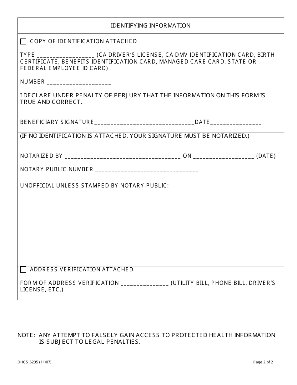 Form DHCS6235 Confidential Communication Request - California, Page 2