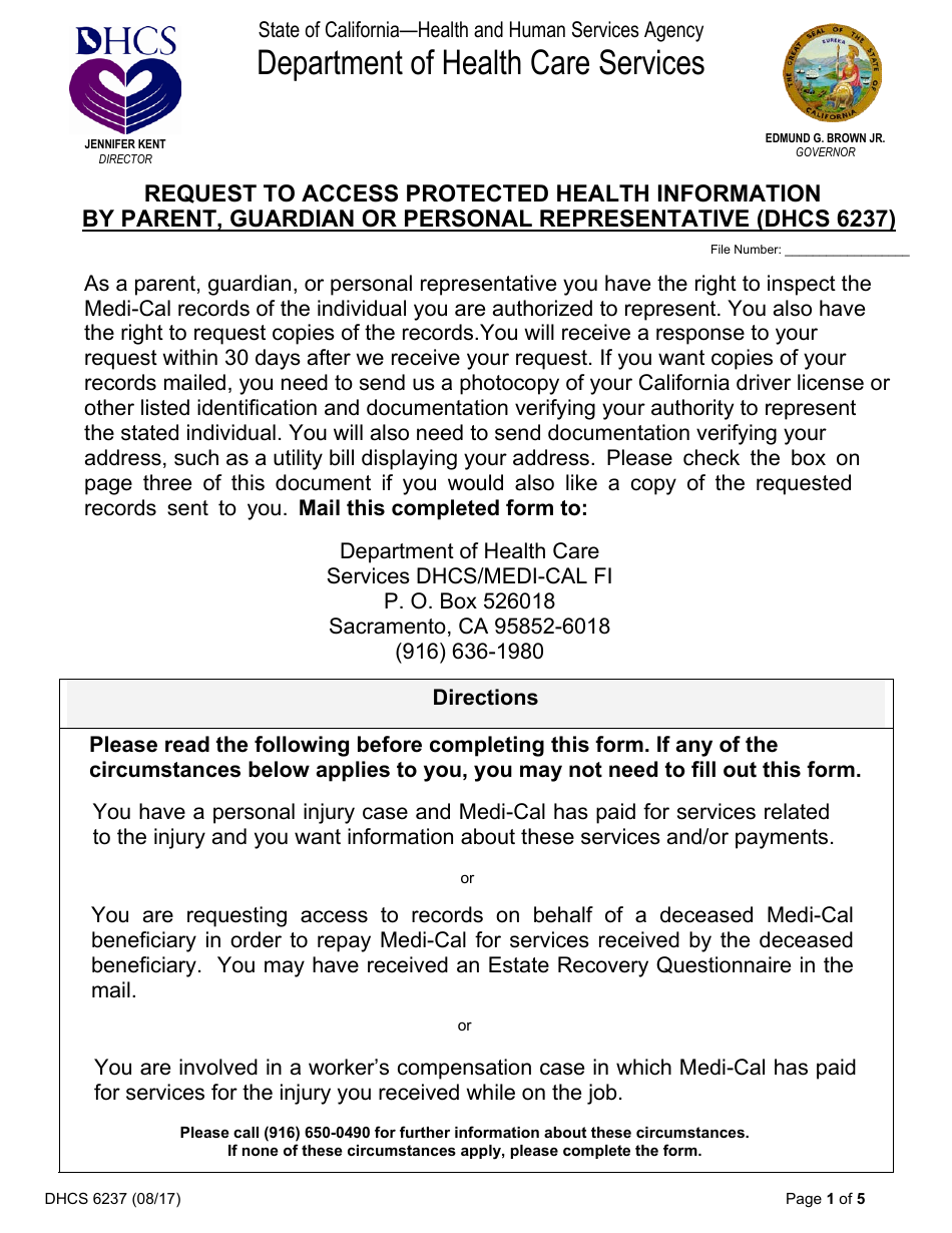 Form DHCS6237 Request to Access Protected Health Information by Parent, Guardian or Personal Representative - California, Page 1