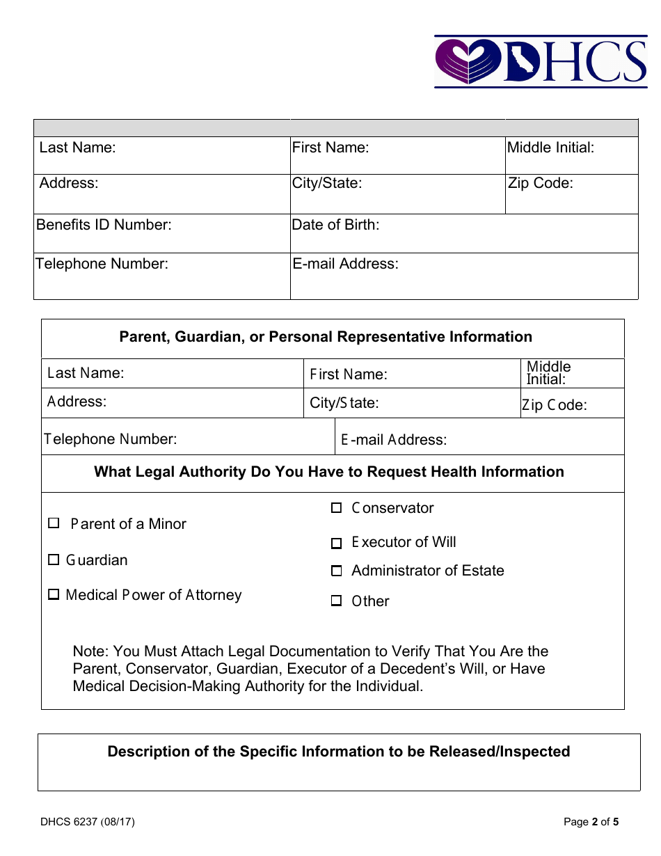 Form DHCS6237 Request to Access Protected Health Information by Parent, Guardian or Personal Representative - California, Page 2