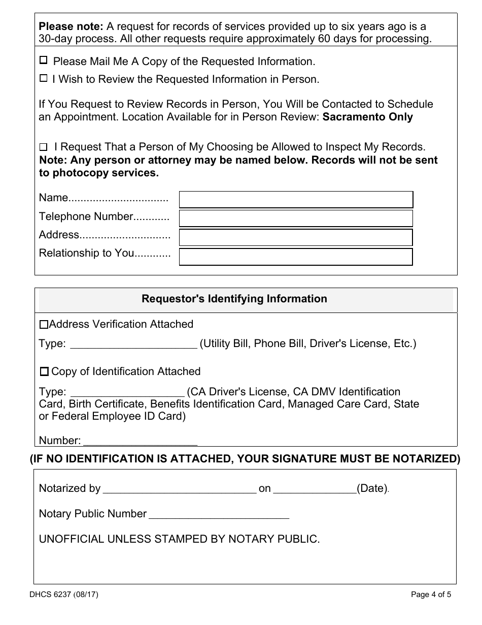 Form DHCS6237 Request to Access Protected Health Information by Parent, Guardian or Personal Representative - California, Page 4