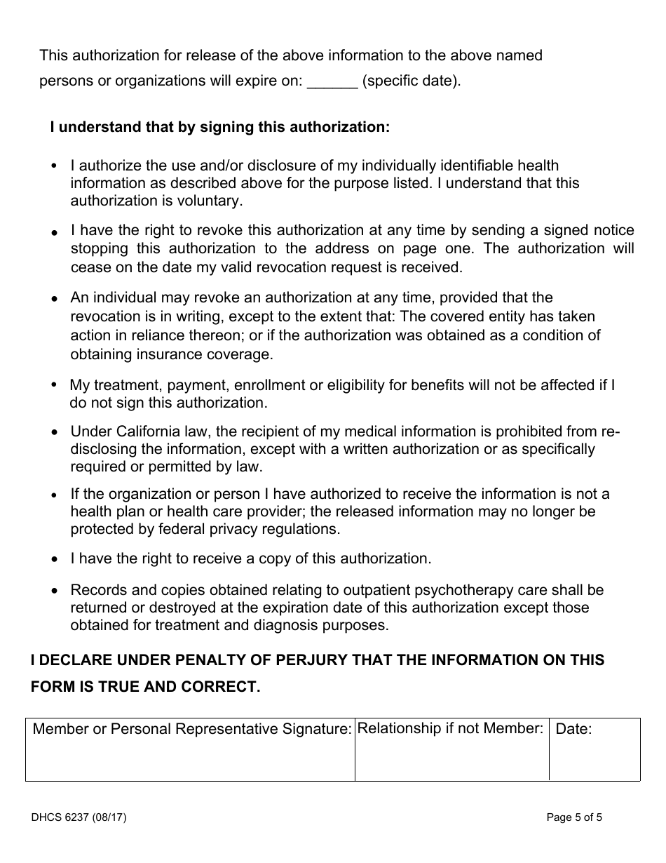 Form DHCS6237 Request to Access Protected Health Information by Parent, Guardian or Personal Representative - California, Page 5