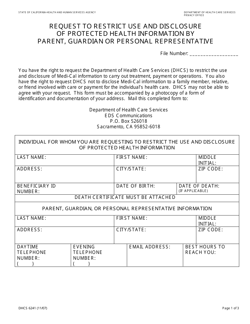 Form DHCS6241 Request to Restrict Use and Disclosure of Protected Health Information by Parent, Guardian or Personal Representative - California, Page 1