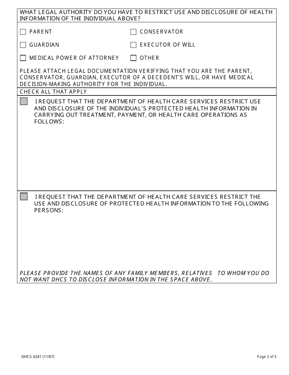 Form DHCS6241 Request to Restrict Use and Disclosure of Protected Health Information by Parent, Guardian or Personal Representative - California, Page 2