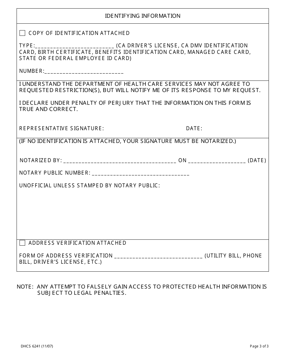 Form DHCS6241 Request to Restrict Use and Disclosure of Protected Health Information by Parent, Guardian or Personal Representative - California, Page 3