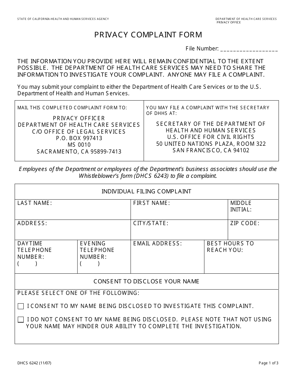 Form DHCS6242 Privacy Complaint Form - California, Page 1