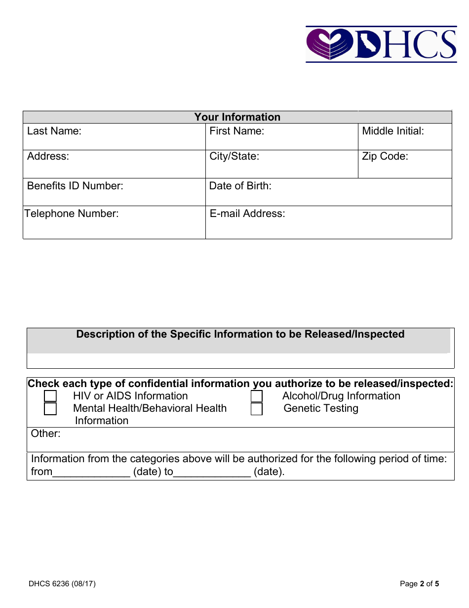 Form DHCS6236 Request for Access to Protected Health Information - California, Page 2