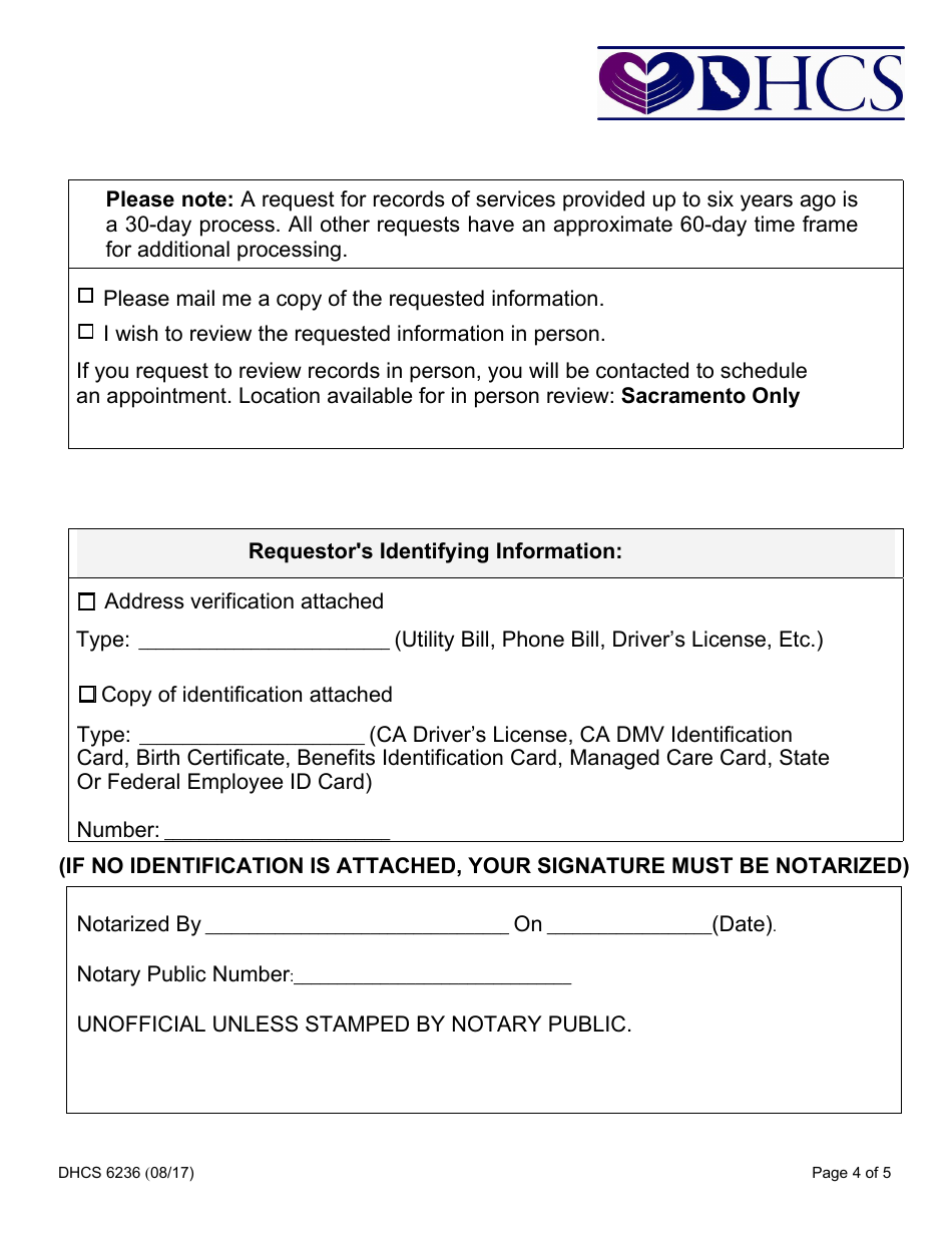 Form DHCS6236 Request for Access to Protected Health Information - California, Page 4