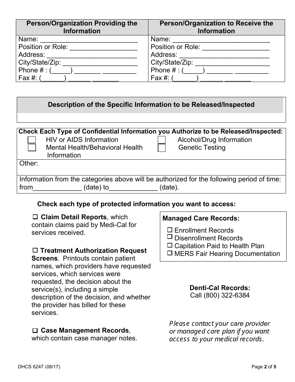 Form DHCS6247 Authorization for Release of Protected Health Information to Third Parties - California, Page 2