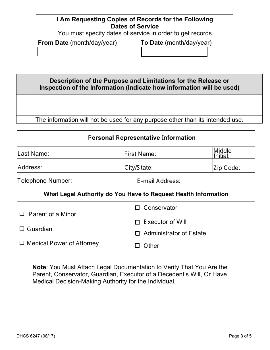 Form DHCS6247 Authorization for Release of Protected Health Information to Third Parties - California, Page 3