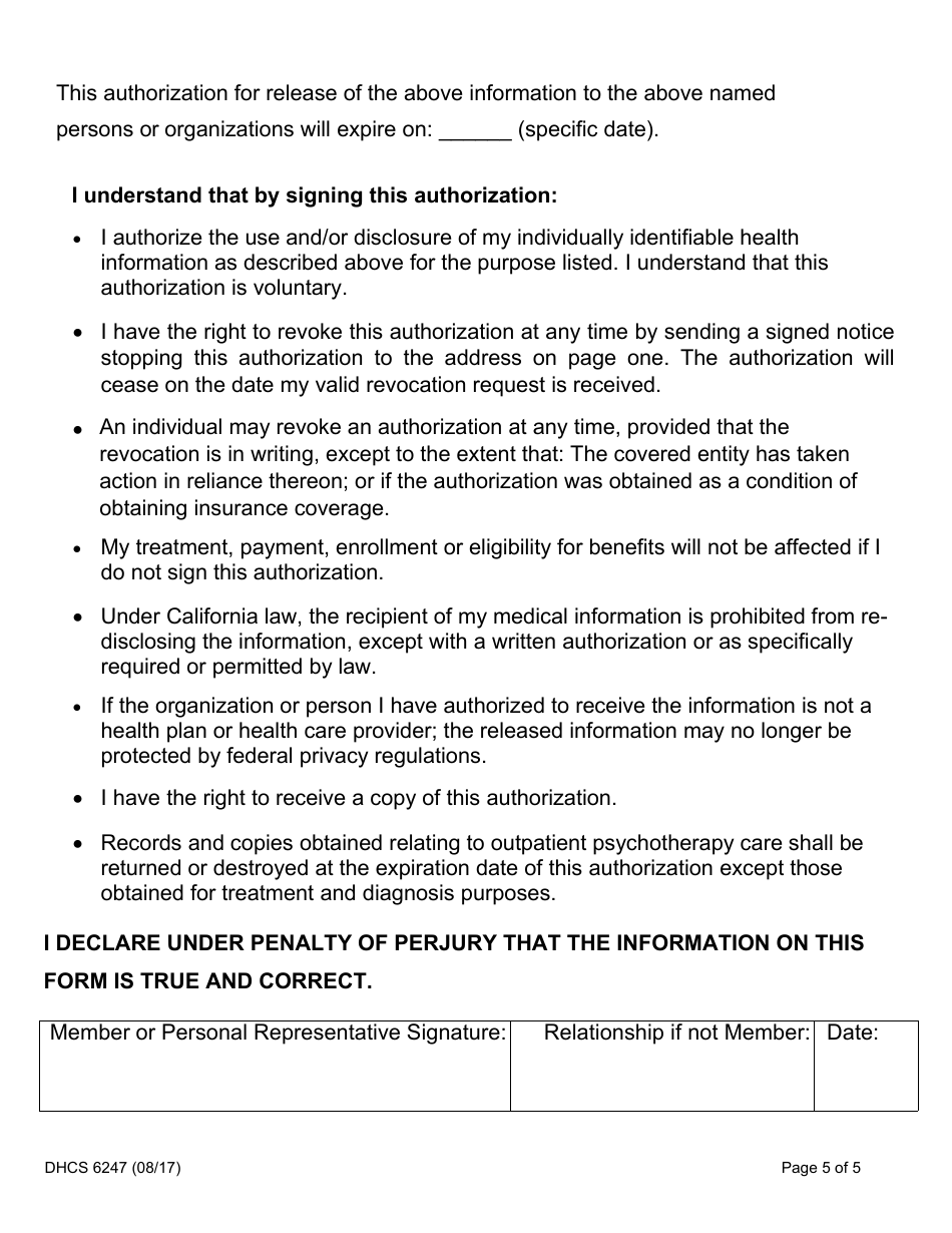 Form DHCS6247 Authorization for Release of Protected Health Information to Third Parties - California, Page 5