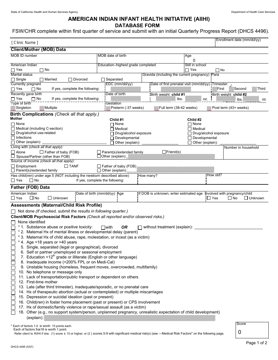 Form DHCS4496 American Indian Infant Health Initiative (Aiihi) Database Form - California, Page 1
