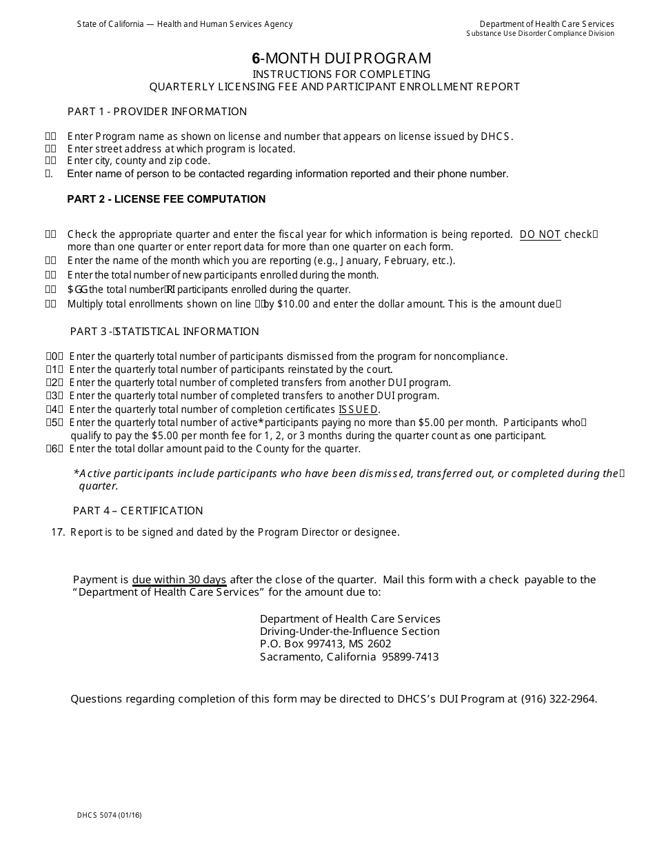 Form DHCS5074 6-month Dui Program Quarterly Licensing and Participant Enrollment Report - California, Page 2
