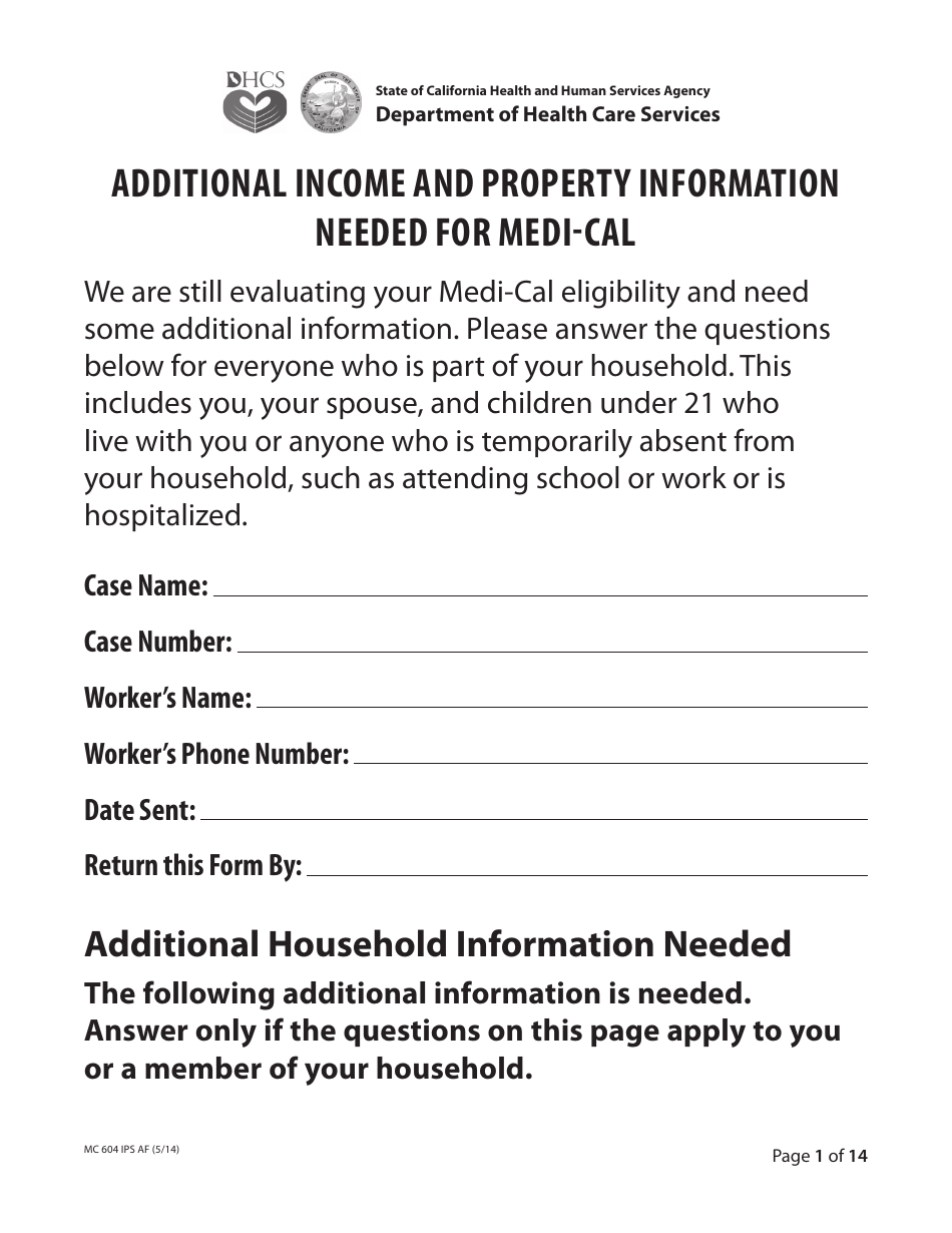 Form MC604 IPS AF Additional Income and Property Information Needed for Medi-Cal - California, Page 1
