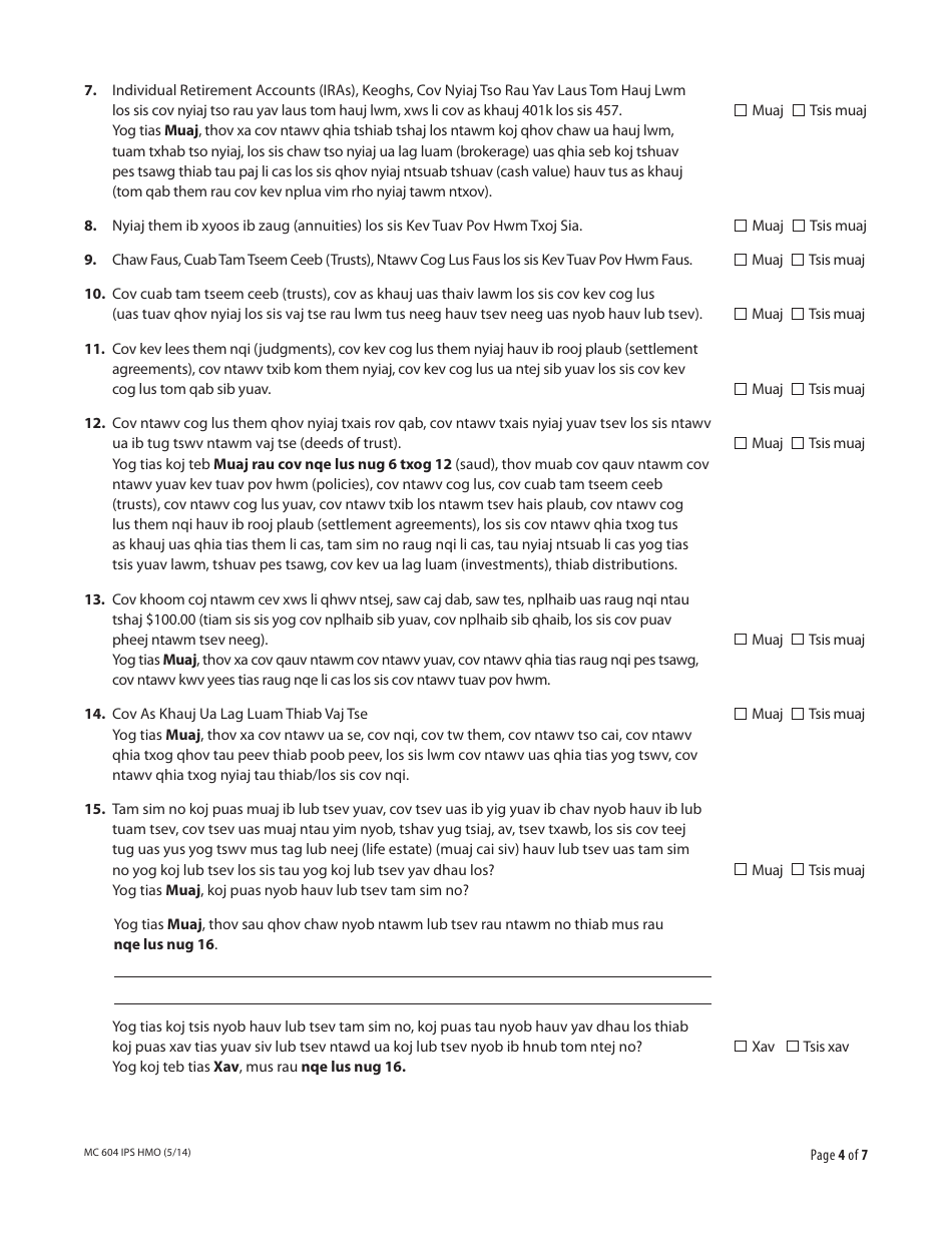 Form MC604 IPS HMO Additional Income and Property Information Needed for Medi-Cal - California (Hmong), Page 4