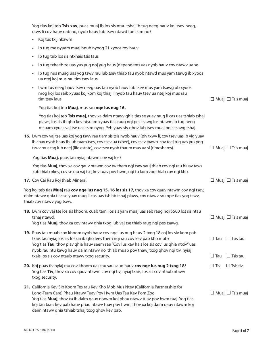 Form MC604 IPS HMO Additional Income and Property Information Needed for Medi-Cal - California (Hmong), Page 5