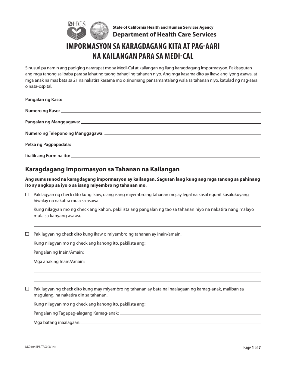 Form MC604 IPS TAG Additional Income and Property Information Needed for Medi-Cal - California (Tagalog), Page 1