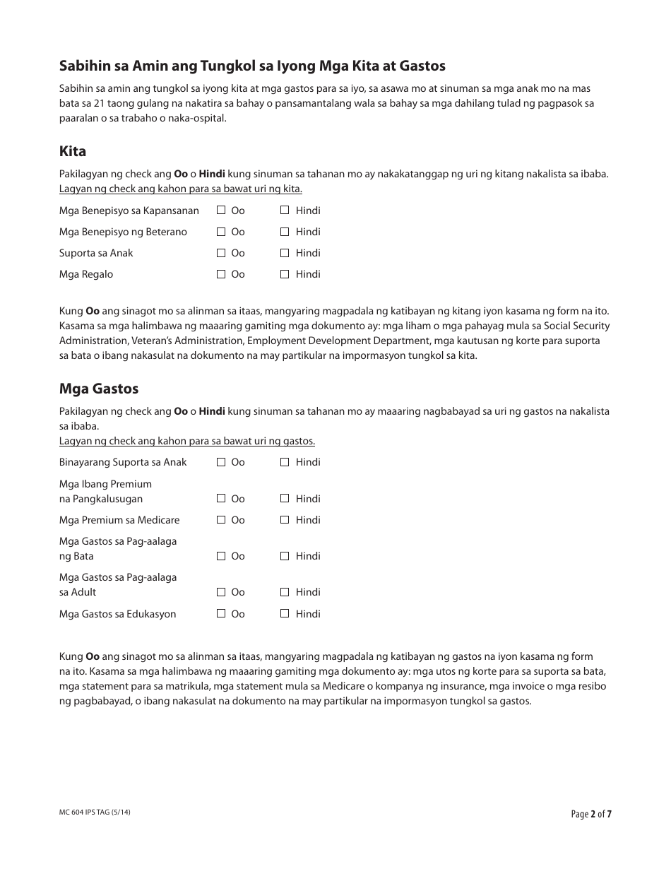 Form MC604 IPS TAG Additional Income and Property Information Needed for Medi-Cal - California (Tagalog), Page 2