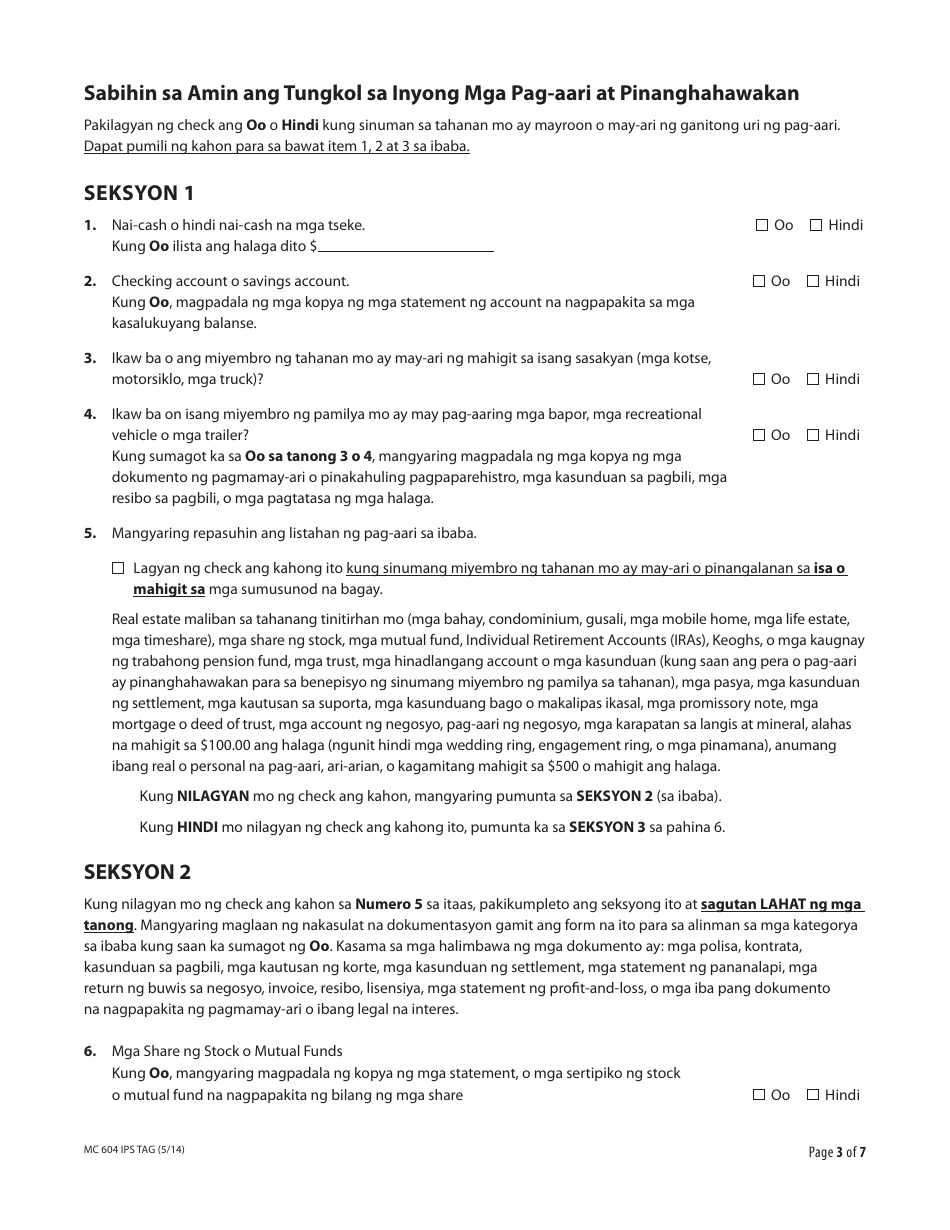 Form MC604 IPS TAG Additional Income and Property Information Needed for Medi-Cal - California (Tagalog), Page 3