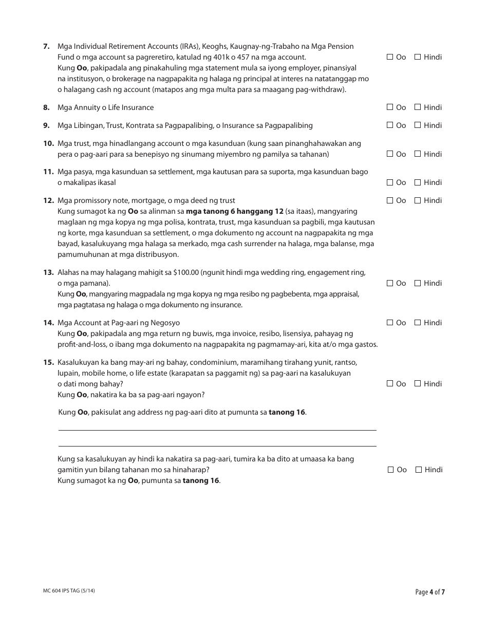 Form MC604 IPS TAG Additional Income and Property Information Needed for Medi-Cal - California (Tagalog), Page 4