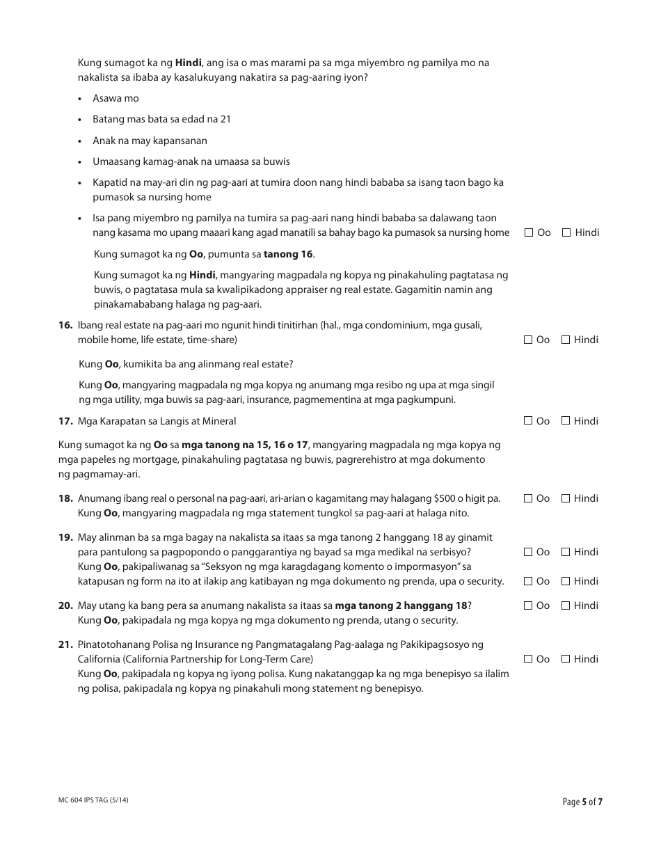 Form MC604 IPS TAG Additional Income and Property Information Needed for Medi-Cal - California (Tagalog), Page 5