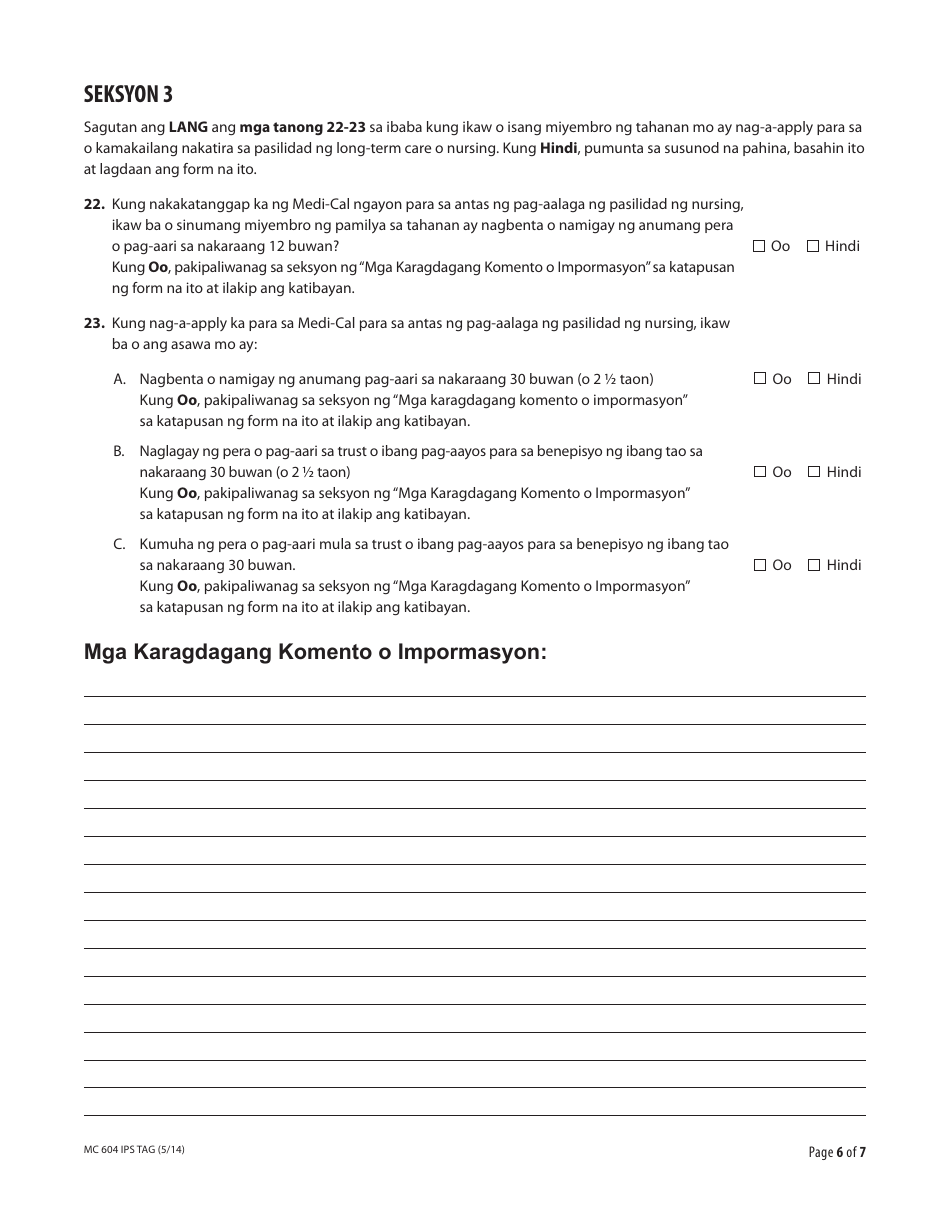 Form MC604 IPS TAG Additional Income and Property Information Needed for Medi-Cal - California (Tagalog), Page 6