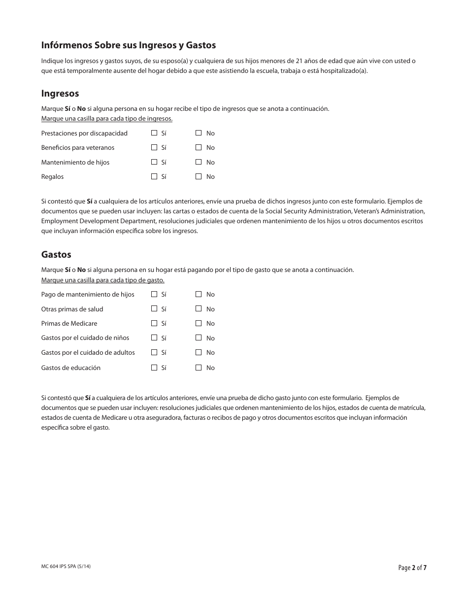 Formulario MC604 IPS SPA Informacion Adicional Necesaria Sobre Ingresos Y Bienes Para Medi-Cal - California (Spanish), Page 2