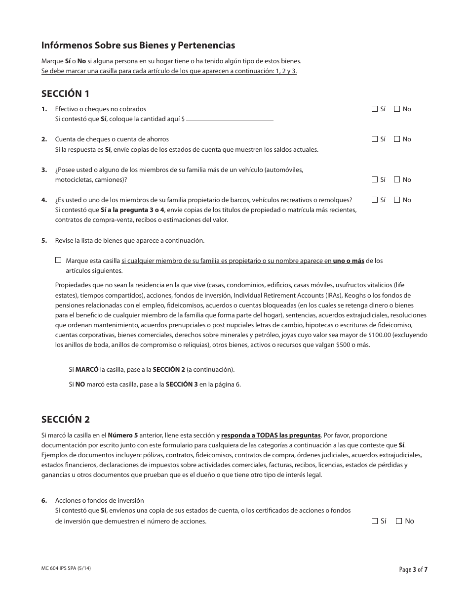 Formulario MC604 IPS SPA Informacion Adicional Necesaria Sobre Ingresos Y Bienes Para Medi-Cal - California (Spanish), Page 3